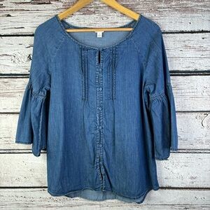 C Est. 1946 Denim Chambray‎ Blouse Size Small Button Front 3/4 Flared Sleeves